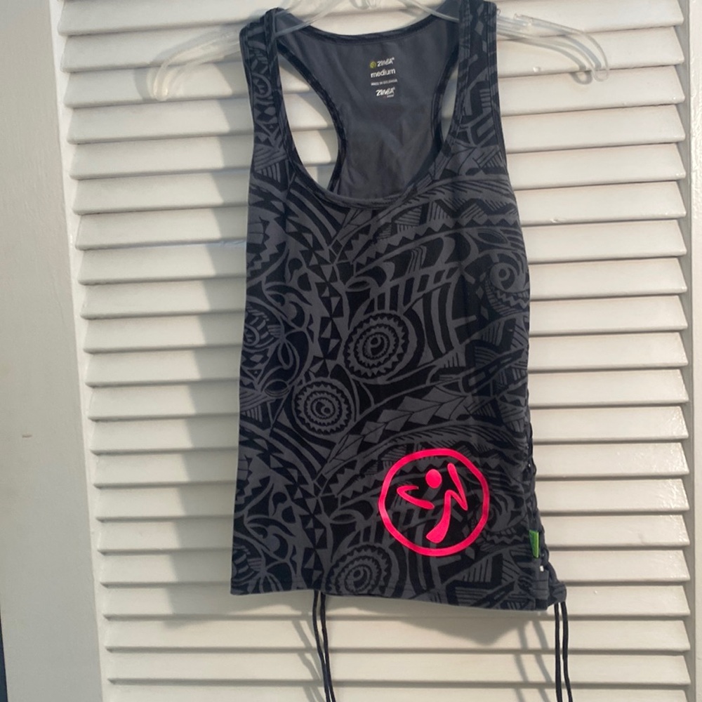 Zumba Fitness Women's Black & Gray Patterned Racerback Tank with Pink Logo